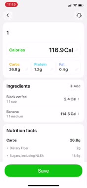 Per-meal macro breakdown: calories, carbs, protein and fat