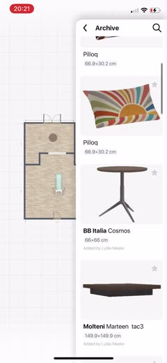 Home Planner AI catalog listing single objects with brand and size