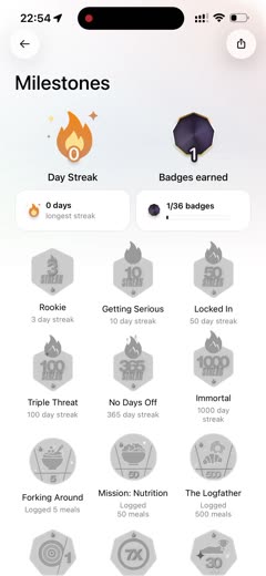 Cal AI milestones with a day streak and badges earned