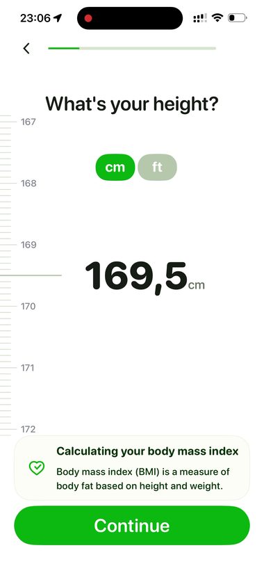 Height step, the card explains it is calculating your body mass index