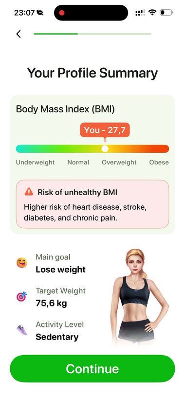 Profile summary after the quiz with the BMI scale and a health warning