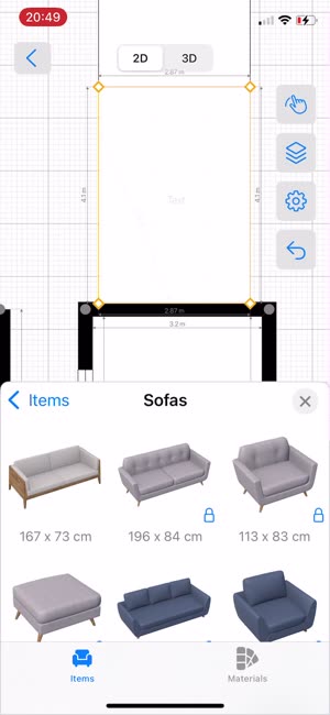 4Plan furniture catalog with sofas, opened over the floor plan
